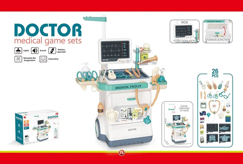 KTX-106835 26-Piece Medical Pretend Play Kit with Trolley Cart for Kids Ages 2-7