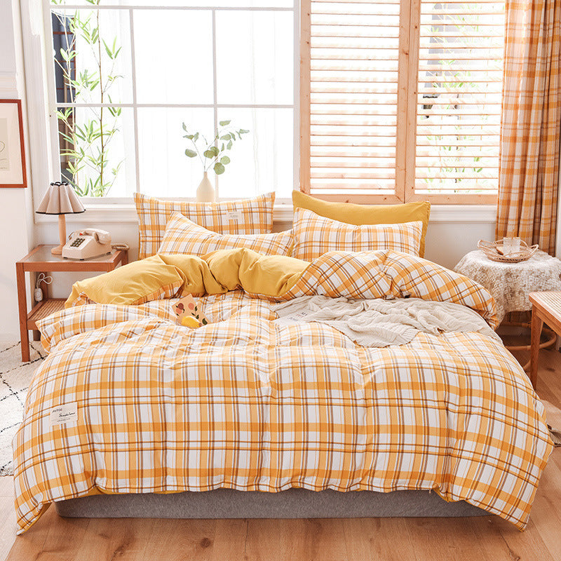 KTX-107475 Washable Cotton Plaid Bedding Set - Four-Piece with Quilt Cover, Pillowcases, and Sheet in Various Retro Patterns