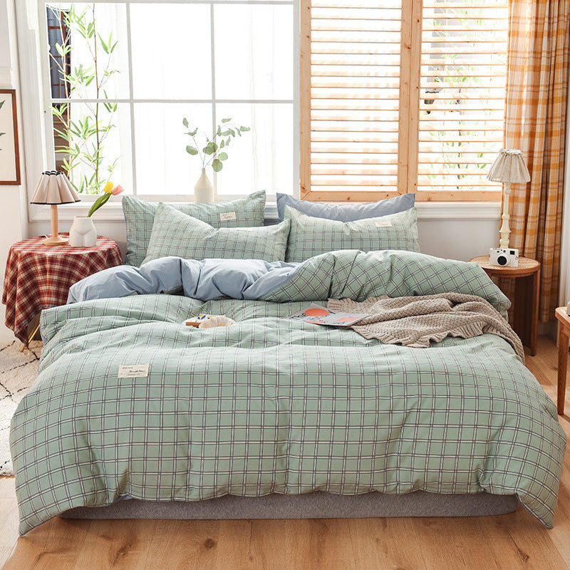 KTX-107475 Washable Cotton Plaid Bedding Set - Four-Piece with Quilt Cover, Pillowcases, and Sheet in Various Retro Patterns