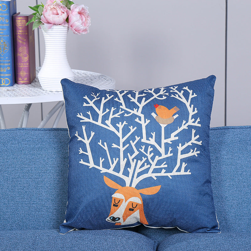 KTX-108115 European Style Deer Linen Cushion Cover - 45x45cm for Living Room and Bedroom