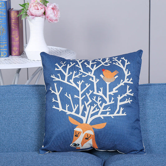 KTX-108115 European Style Deer Linen Cushion Cover - 45x45cm for Living Room and Bedroom