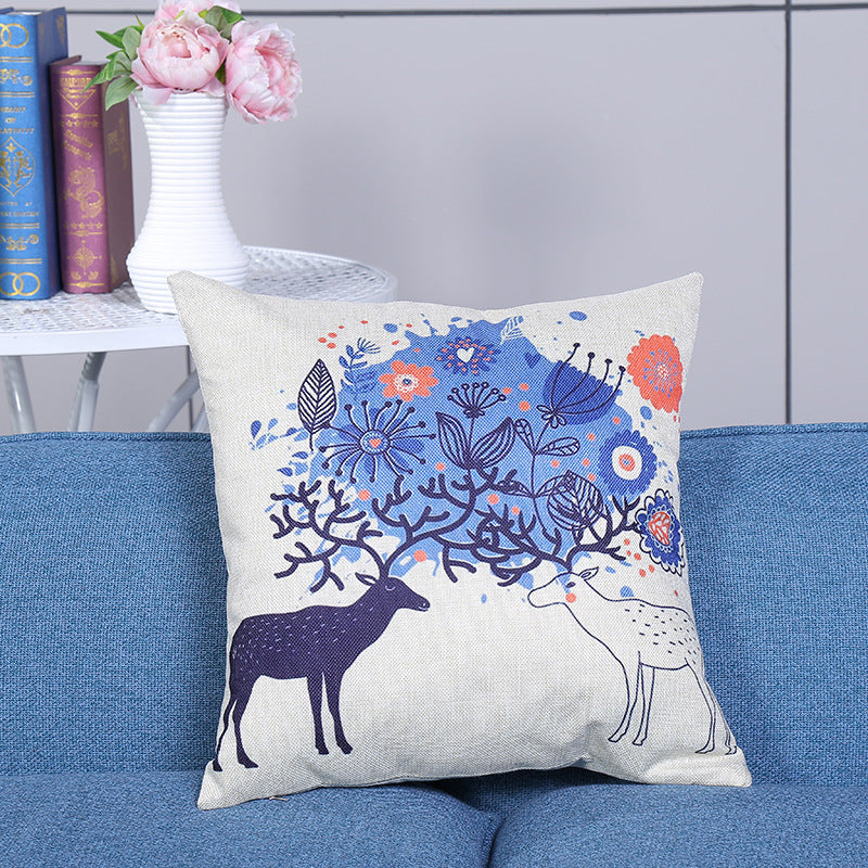 KTX-108115 European Style Deer Linen Cushion Cover - 45x45cm for Living Room and Bedroom