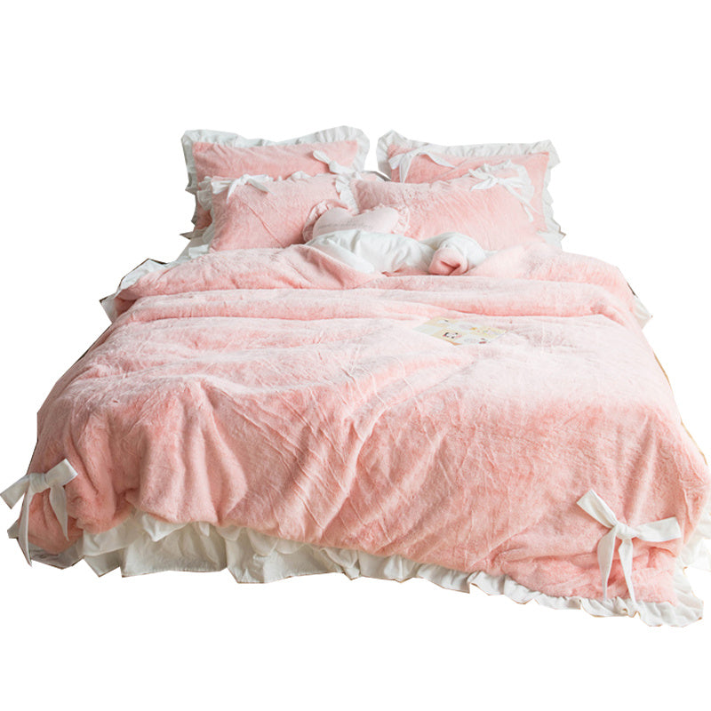 KTX-109267 Princess Style Solid Color Bed Sheet Set with Quilt Cover and Pillowcases - 4 Pieces