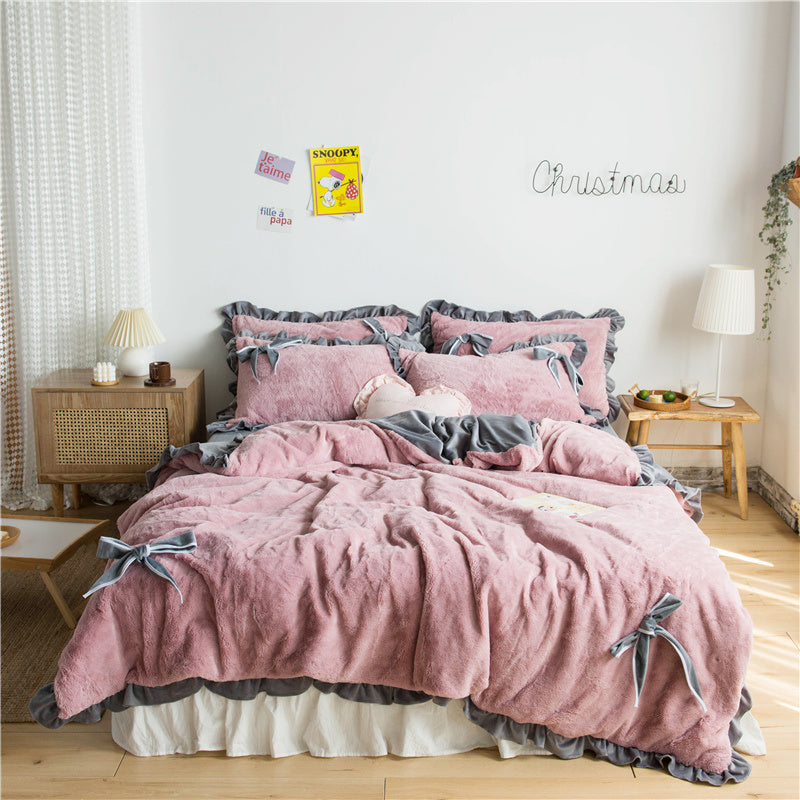 KTX-109267 Princess Style Solid Color Bed Sheet Set with Quilt Cover and Pillowcases - 4 Pieces