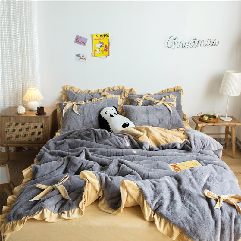 KTX-109267 Princess Style Solid Color Bed Sheet Set with Quilt Cover and Pillowcases - 4 Pieces