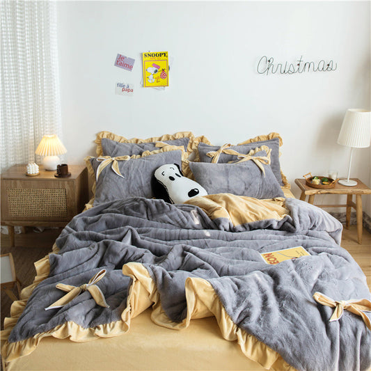 KTX-109267 Princess Style Solid Color Bed Sheet Set with Quilt Cover and Pillowcases - 4 Pieces