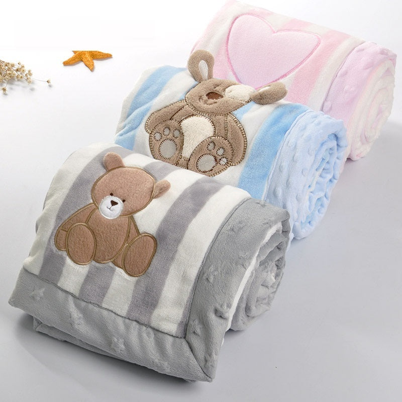 KTX-109459 Cozy Cartoon Flannel Double-Layer Blanket for Children - Available in Grey, Blue, and Pink