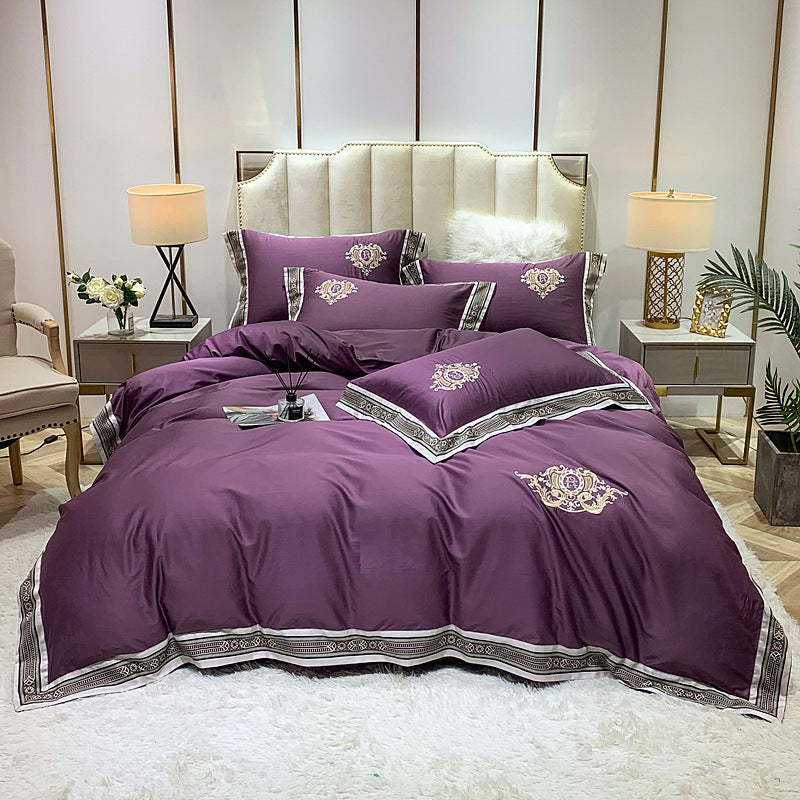 KTX-111443 Four-Piece Digitally Printed Cotton Embroidery Bedding Set with Wide Edges - Available in Various Colors