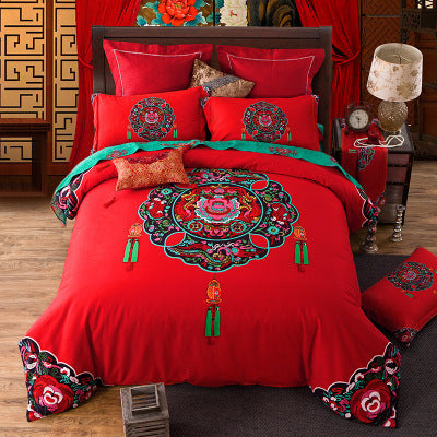 KTX-111443 Four-Piece Digitally Printed Cotton Embroidery Bedding Set with Wide Edges - Available in Various Colors