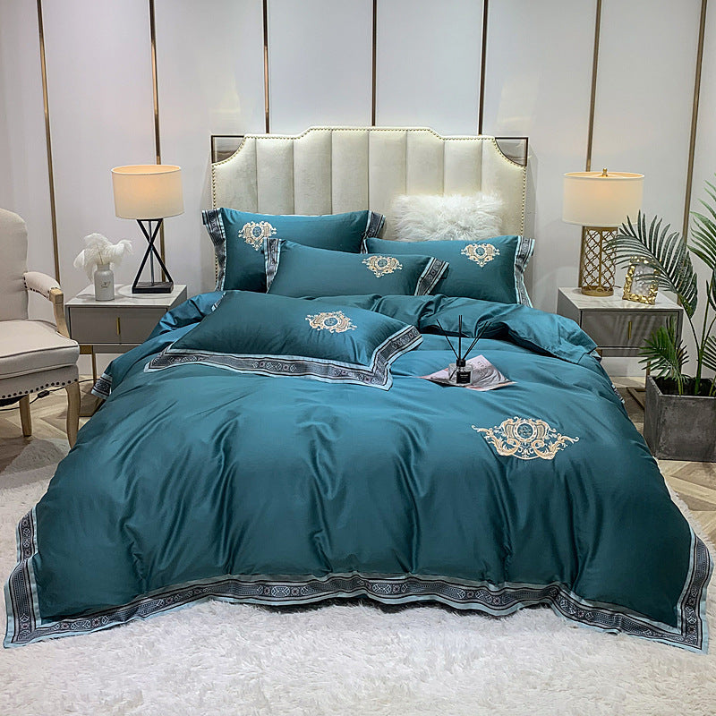 KTX-111443 Four-Piece Digitally Printed Cotton Embroidery Bedding Set with Wide Edges - Available in Various Colors