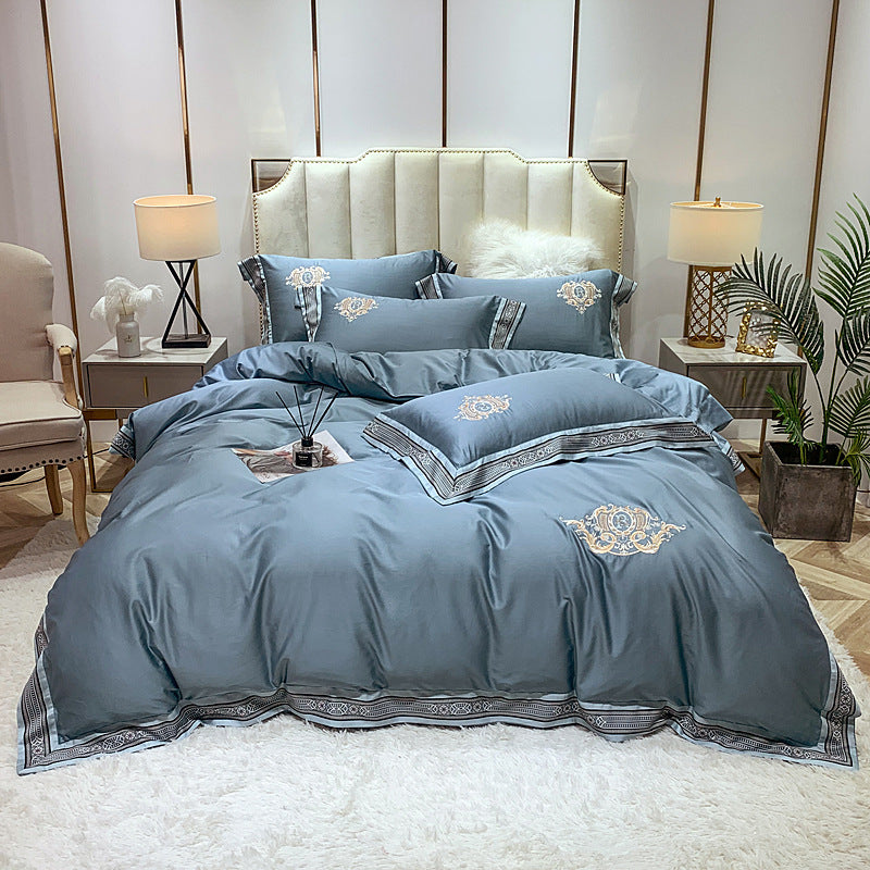 KTX-111443 Four-Piece Digitally Printed Cotton Embroidery Bedding Set with Wide Edges - Available in Various Colors