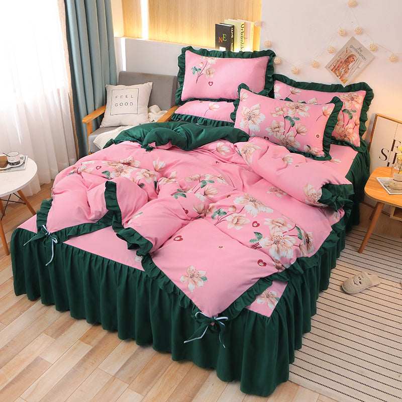KTX-111763 Cotton 4-Piece Double Lace Bed Sheet Duvet Cover Set with Floral Pattern