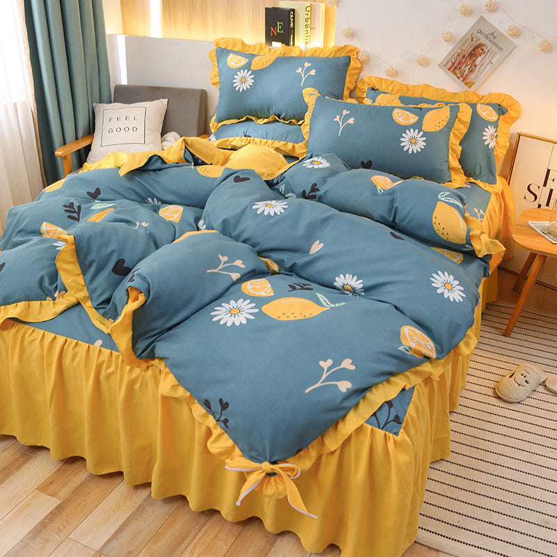KTX-111763 Cotton 4-Piece Double Lace Bed Sheet Duvet Cover Set with Floral Pattern