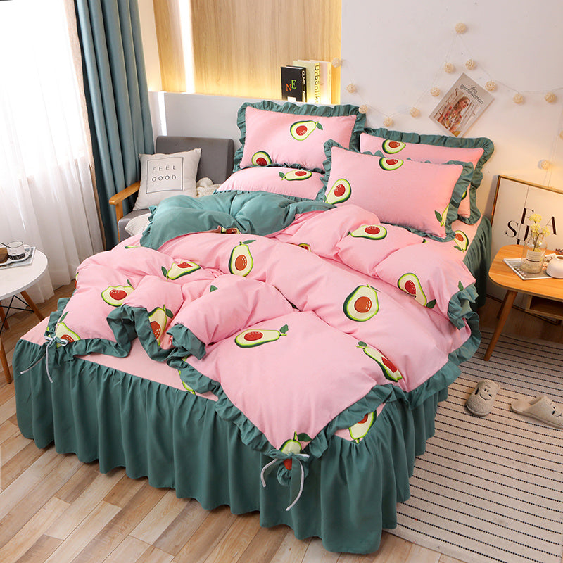 KTX-111763 Cotton 4-Piece Double Lace Bed Sheet Duvet Cover Set with Floral Pattern