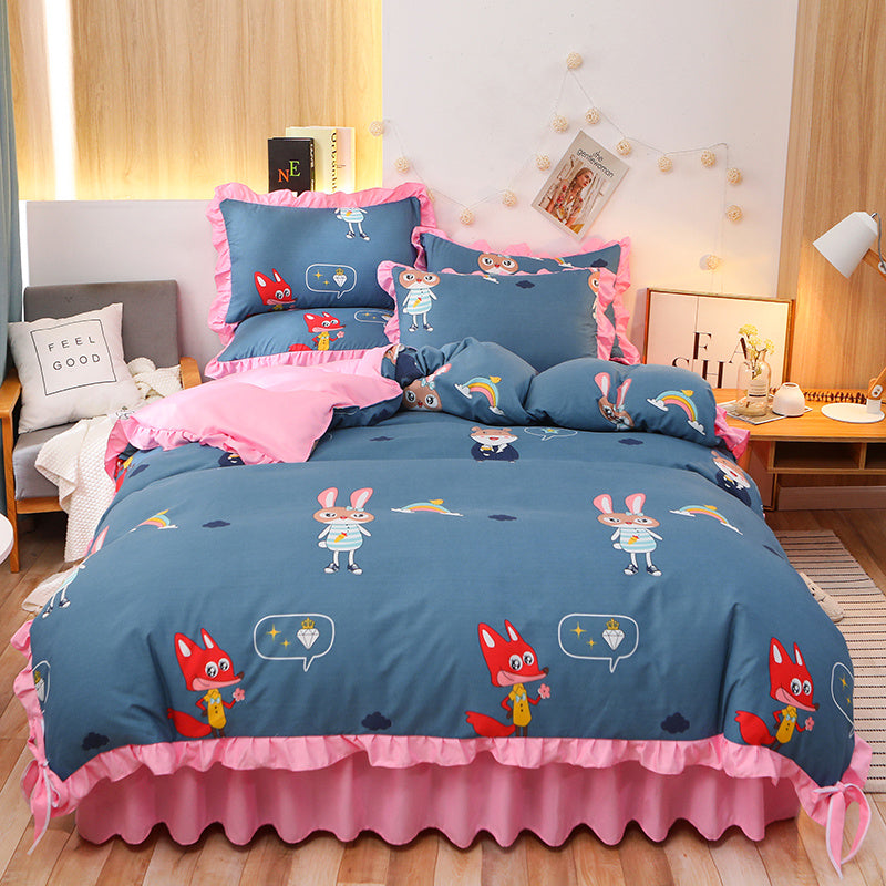 KTX-111763 Cotton 4-Piece Double Lace Bed Sheet Duvet Cover Set with Floral Pattern