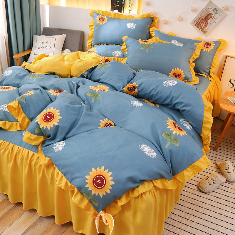 KTX-111763 Cotton 4-Piece Double Lace Bed Sheet Duvet Cover Set with Floral Pattern