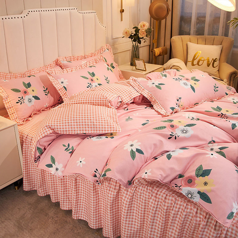 KTX-111763 Cotton 4-Piece Double Lace Bed Sheet Duvet Cover Set with Floral Pattern