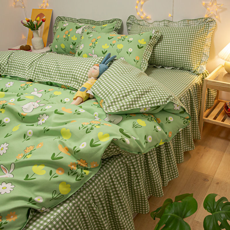 KTX-111763 Cotton 4-Piece Double Lace Bed Sheet Duvet Cover Set with Floral Pattern