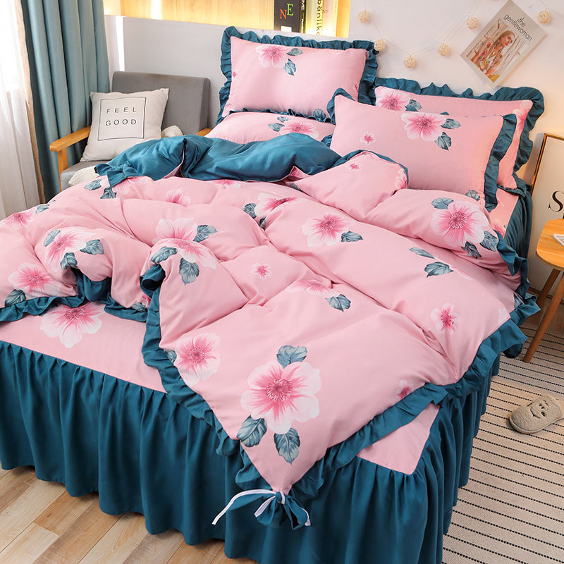 KTX-111763 Cotton 4-Piece Double Lace Bed Sheet Duvet Cover Set with Floral Pattern