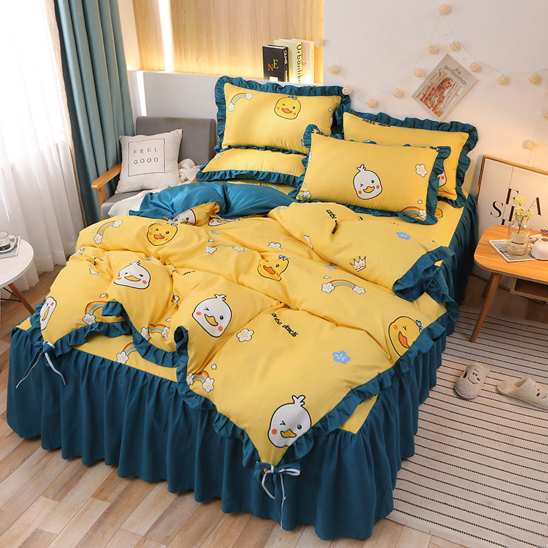 KTX-111763 Cotton 4-Piece Double Lace Bed Sheet Duvet Cover Set with Floral Pattern