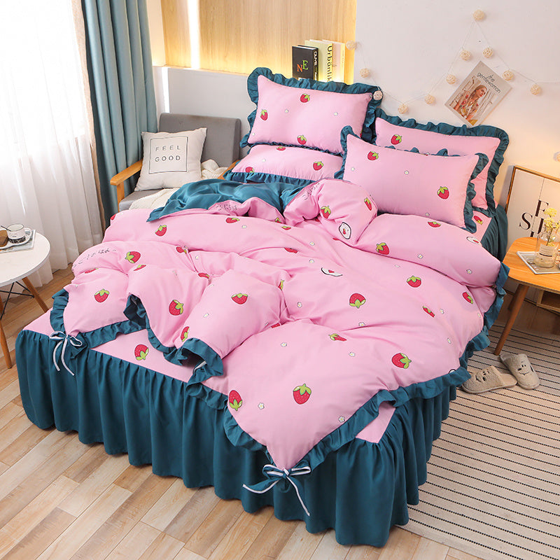 KTX-111763 Cotton 4-Piece Double Lace Bed Sheet Duvet Cover Set with Floral Pattern