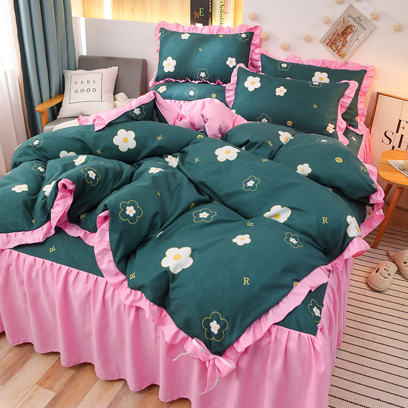 KTX-111763 Cotton 4-Piece Double Lace Bed Sheet Duvet Cover Set with Floral Pattern