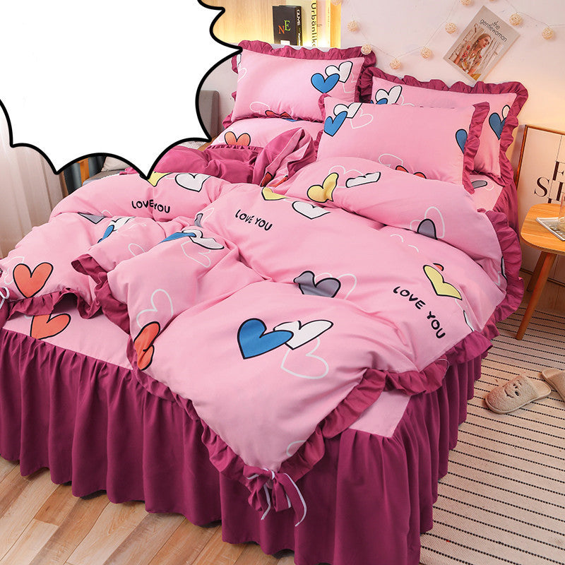 KTX-111763 Cotton 4-Piece Double Lace Bed Sheet Duvet Cover Set with Floral Pattern