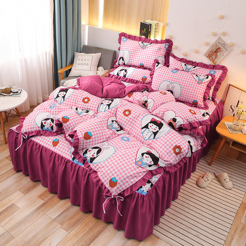 KTX-111763 Cotton 4-Piece Double Lace Bed Sheet Duvet Cover Set with Floral Pattern