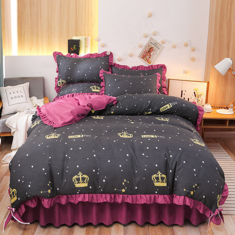 KTX-111763 Cotton 4-Piece Double Lace Bed Sheet Duvet Cover Set with Floral Pattern