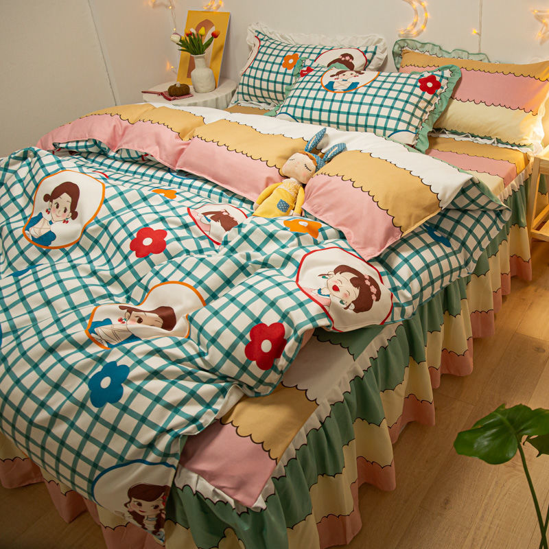 KTX-111763 Cotton 4-Piece Double Lace Bed Sheet Duvet Cover Set with Floral Pattern