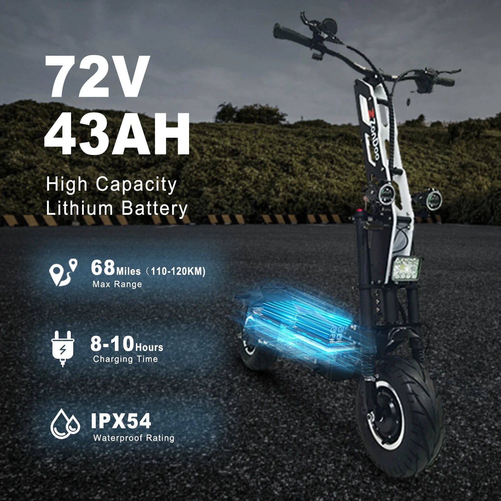 KTX-113939 72V Dual Motor Folding Electric Scooter, 4000W Power, Max Speed 68MPH, 13-Inch Tires