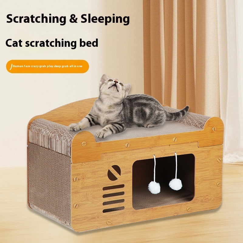 KTX-114195 Luxury Double Layer Corrugated Paper Cat House with Double Ball and Double Door Design