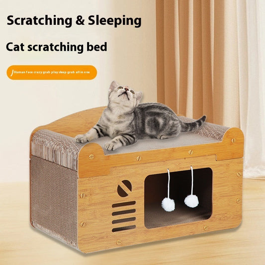 KTX-114195 Luxury Double Layer Corrugated Paper Cat House with Double Ball and Double Door Design