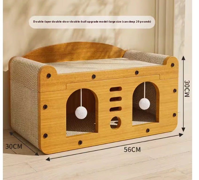 KTX-114195 Luxury Double Layer Corrugated Paper Cat House with Double Ball and Double Door Design