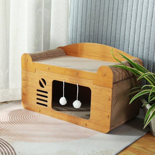KTX-114195 Luxury Double Layer Corrugated Paper Cat House with Double Ball and Double Door Design