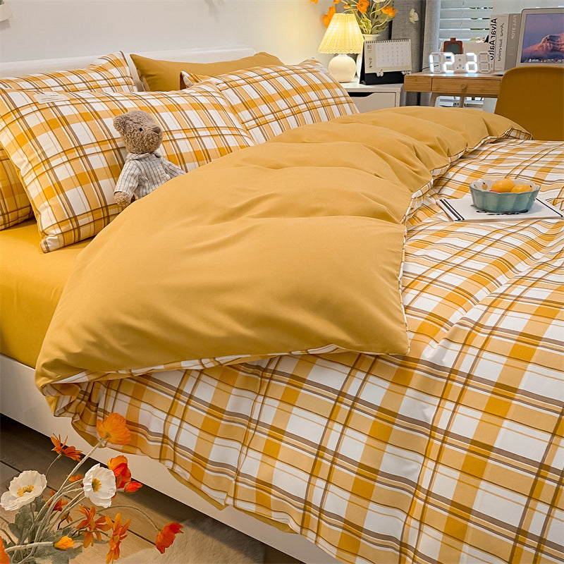 KTX-115219 Pure Color Washed Cotton Plaid Striped 4-Piece Sheet and Quilt Cover Bedding Set