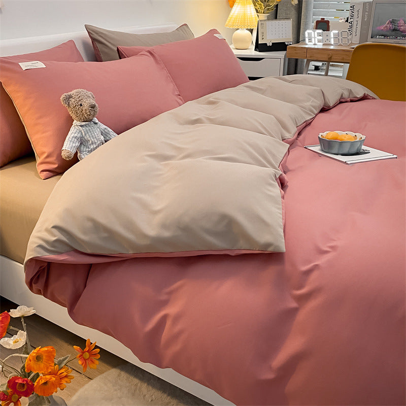 KTX-115219 Pure Color Washed Cotton Plaid Striped 4-Piece Sheet and Quilt Cover Bedding Set