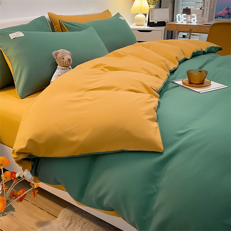 KTX-115219 Pure Color Washed Cotton Plaid Striped 4-Piece Sheet and Quilt Cover Bedding Set