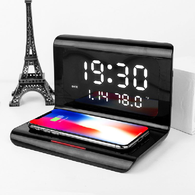 KTX-121875 Wireless Charging Alarm Clock with Temperature, Humidity, and Perpetual Calendar Features - Fast 10W Charge Capability