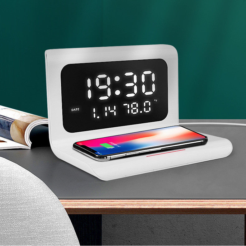 KTX-121875 Wireless Charging Alarm Clock with Temperature, Humidity, and Perpetual Calendar Features - Fast 10W Charge Capability