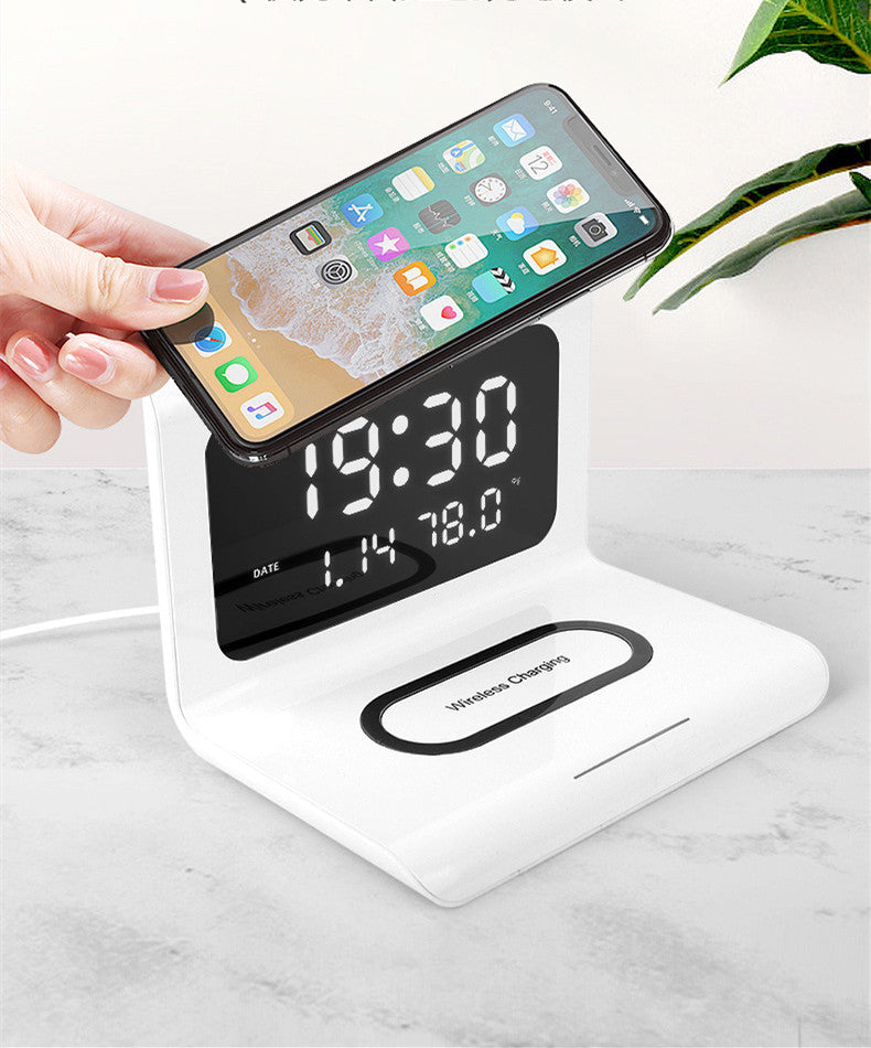 KTX-121875 Wireless Charging Alarm Clock with Temperature, Humidity, and Perpetual Calendar Features - Fast 10W Charge Capability