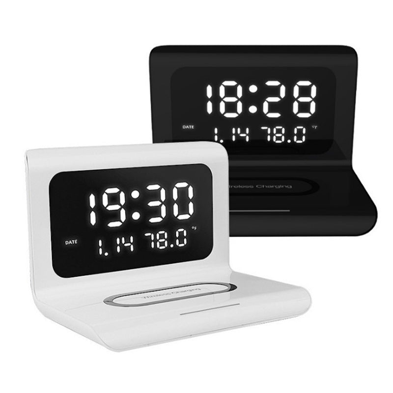 KTX-121875 Wireless Charging Alarm Clock with Temperature, Humidity, and Perpetual Calendar Features - Fast 10W Charge Capability
