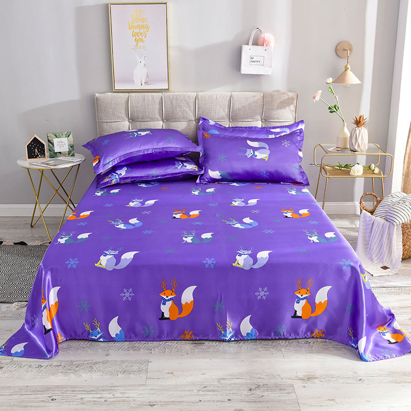 KTX-122131 Single Bed Ice Silk Floral Print Bed Sheet Set with Pillowcases - 230x250cm