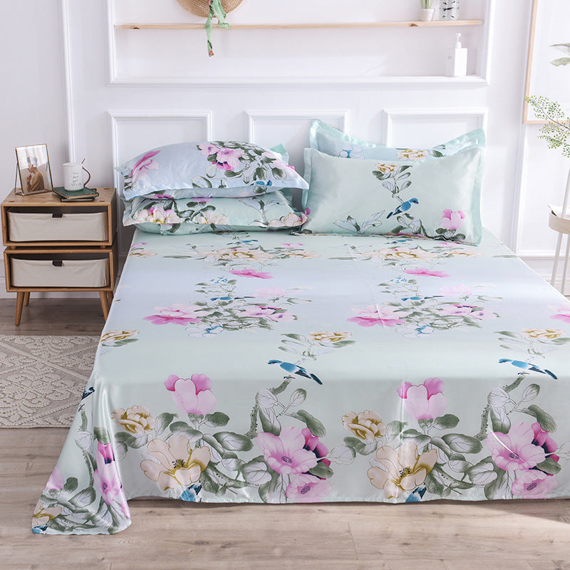KTX-122131 Single Bed Ice Silk Floral Print Bed Sheet Set with Pillowcases - 230x250cm