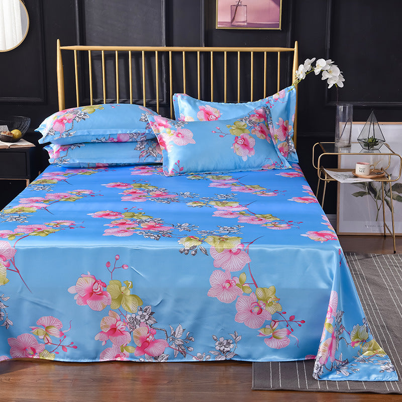 KTX-122131 Single Bed Ice Silk Floral Print Bed Sheet Set with Pillowcases - 230x250cm
