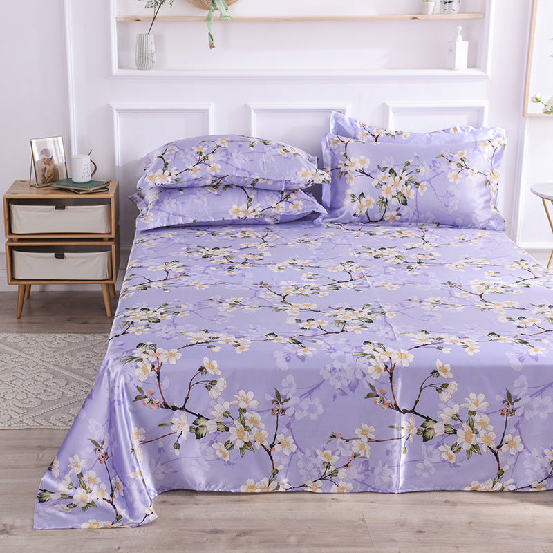 KTX-122131 Single Bed Ice Silk Floral Print Bed Sheet Set with Pillowcases - 230x250cm
