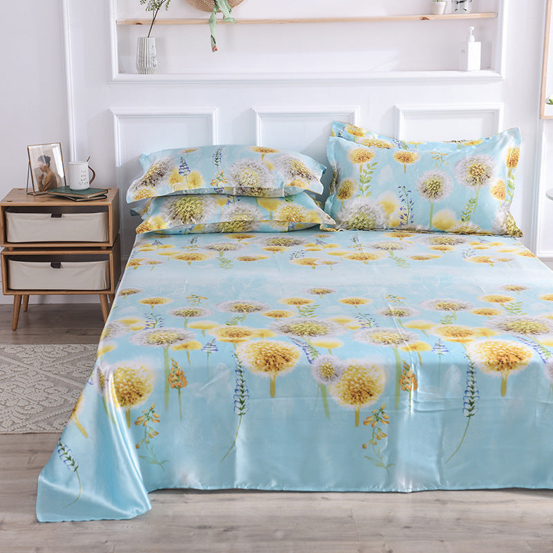 KTX-122131 Single Bed Ice Silk Floral Print Bed Sheet Set with Pillowcases - 230x250cm