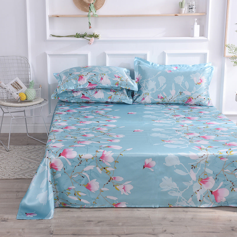 KTX-122131 Single Bed Ice Silk Floral Print Bed Sheet Set with Pillowcases - 230x250cm