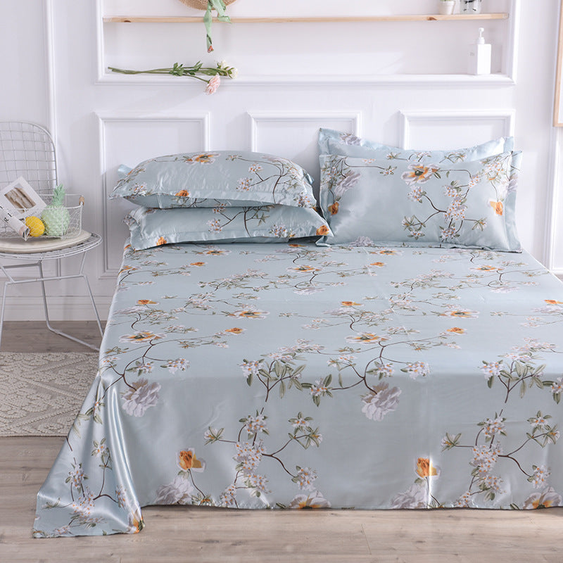 KTX-122131 Single Bed Ice Silk Floral Print Bed Sheet Set with Pillowcases - 230x250cm