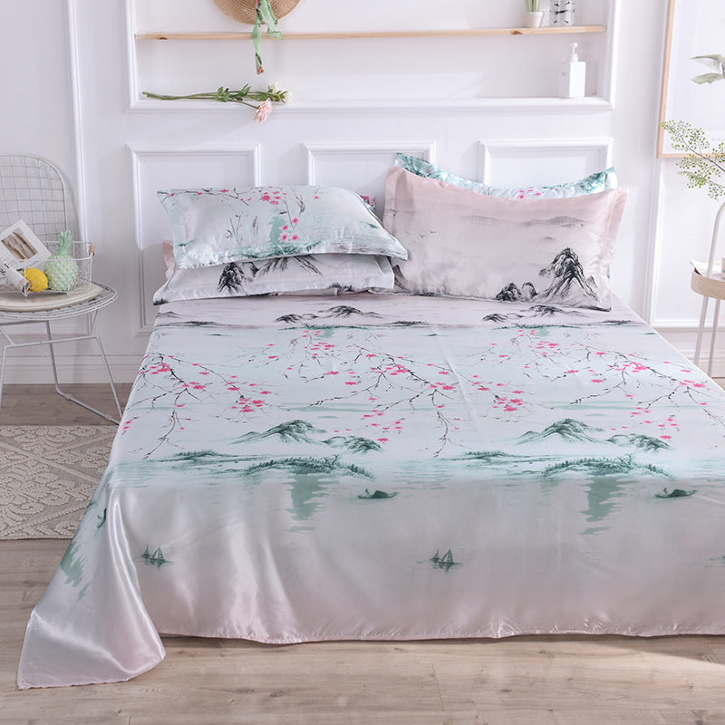 KTX-122131 Single Bed Ice Silk Floral Print Bed Sheet Set with Pillowcases - 230x250cm